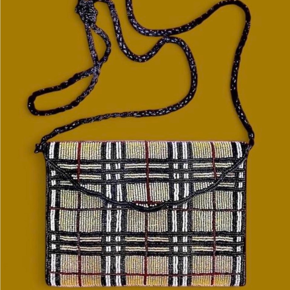 Beaded Nova Check Bag NWT Cream, Nude, Black, White & Red Beaded Pin Stripes